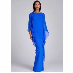 BRAND NEW TERI JON Chiffon Cape Over Scuba Sheath Gown- COBALT
